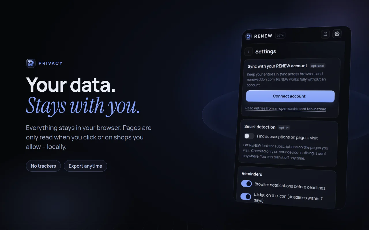 Privacy: Everything stays in your browser. Export, calendar and delete anytime.
